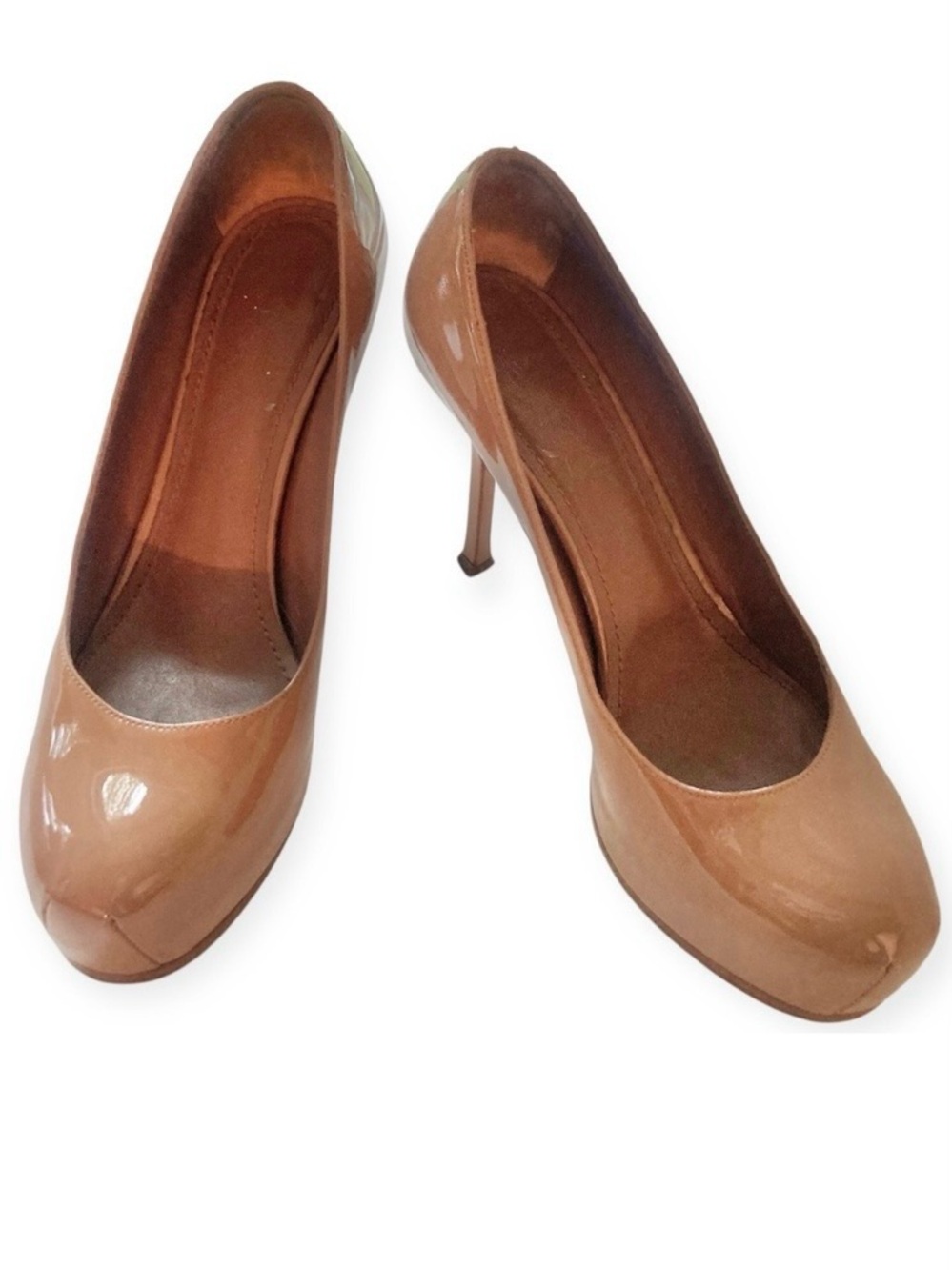 YSL Yves Saint Laurent Brown Nude Patent Leather Tribtoo Platform Heel Pump 36.5